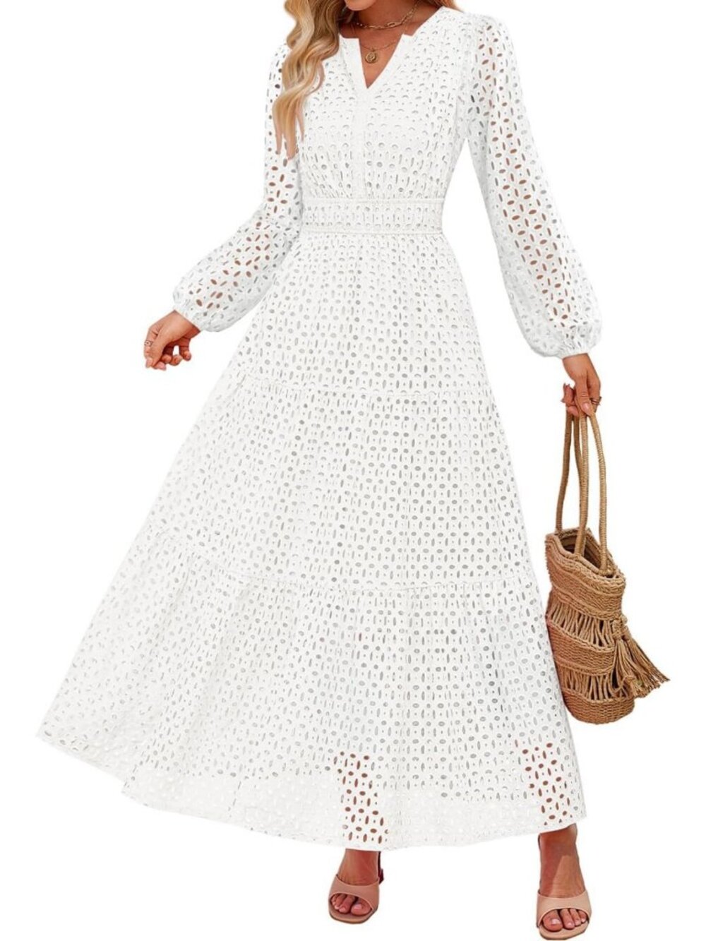 Chic Long Sleeve Eyelet Maxi Dress for Women - Perfect for Fall & Special